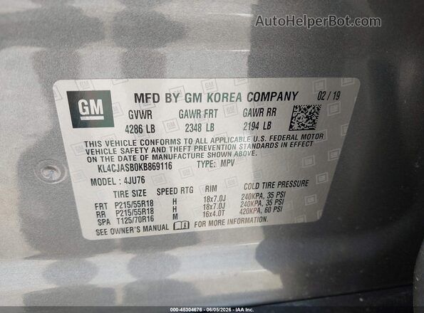 KL4CJASB0KB869116 2019 BUICK ENCORE Gray Engine compartment view