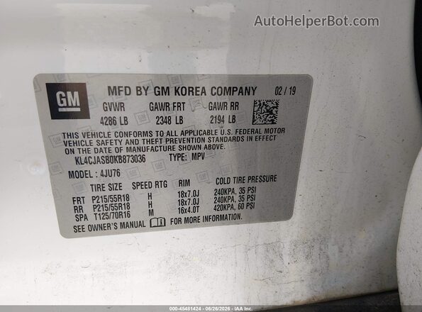 KL4CJASB0KB873036 2019 BUICK ENCORE White Engine compartment view