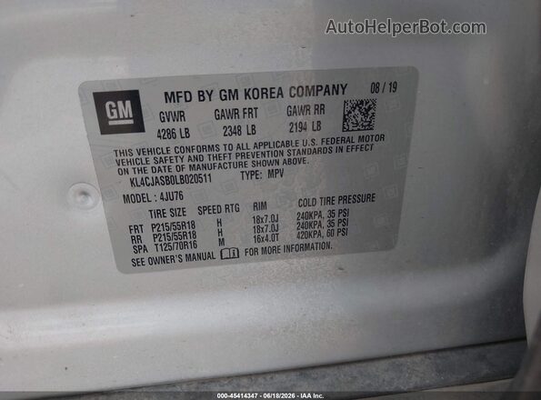 KL4CJASB0LB020511 2020 BUICK ENCORE Silver ძრავის განყოფილების ხედი