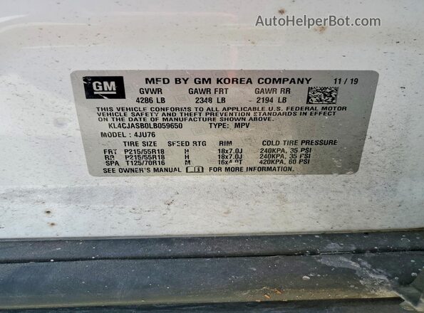 KL4CJASB0LB059650 2020 BUICK ENCORE White VIN კოდის სტიკერის ხედი