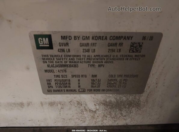 KL4CJASB0MB304383 2021 BUICK ENCORE White Vista del compartimento del motor