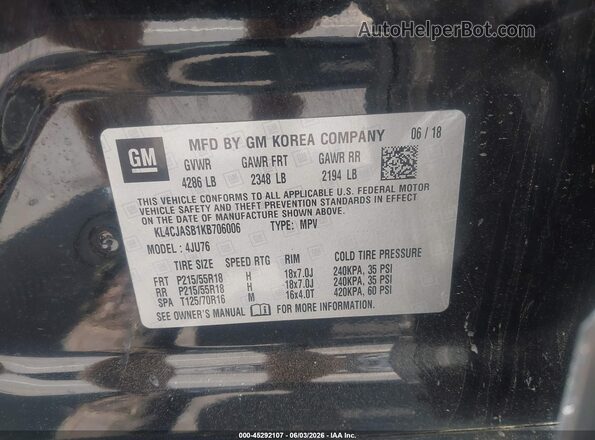 KL4CJASB1KB706006 2019 BUICK ENCORE Black Vista del compartimento del motor