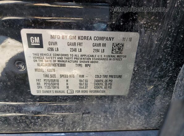 KL4CJASB1KB783880 2019 BUICK ENCORE Черный Вид наклейки с VIN-кодом