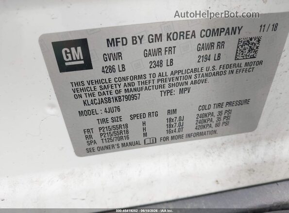 KL4CJASB1KB790957 2019 BUICK ENCORE White ძრავის განყოფილების ხედი