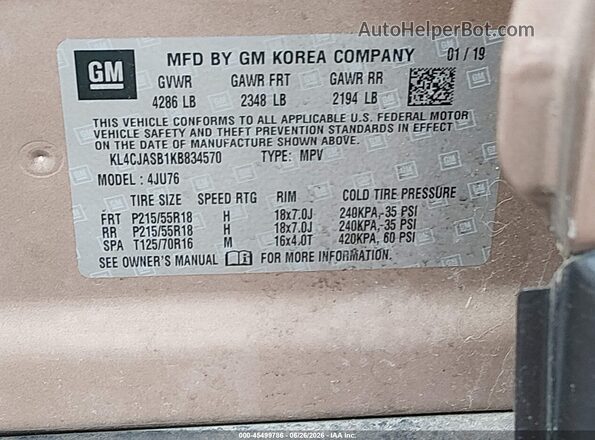 KL4CJASB1KB834570 2019 BUICK ENCORE Brown Շարժիչի բաժամունքի տեսք
