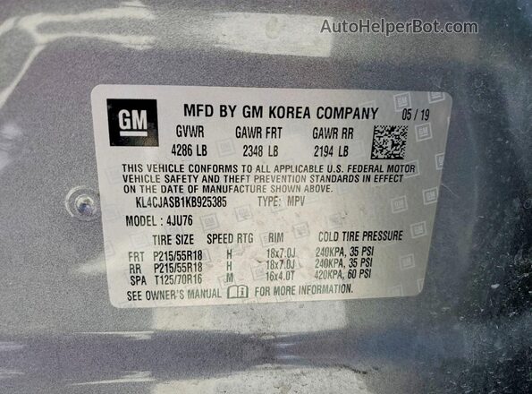 KL4CJASB1KB925385 2019 BUICK ENCORE Gray Widok naklejki z numerem VIN