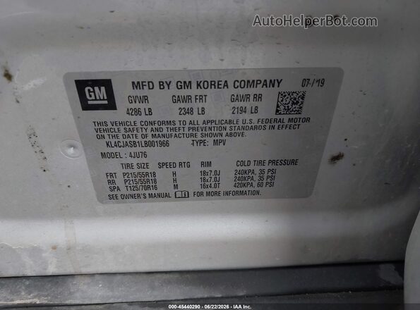 KL4CJASB1LB001966 2020 BUICK ENCORE Silver Engine compartment view