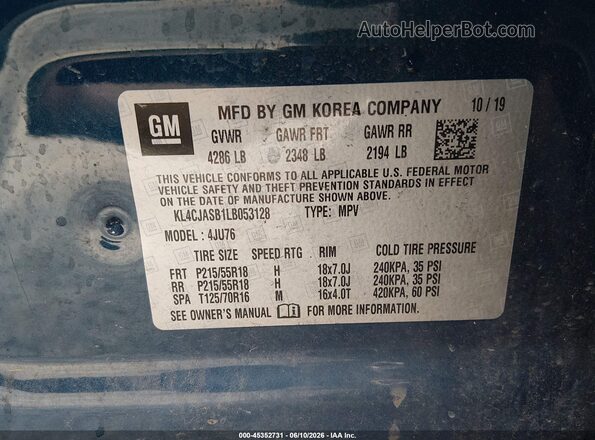 KL4CJASB1LB053128 2020 BUICK ENCORE Blue Widok komory silnika