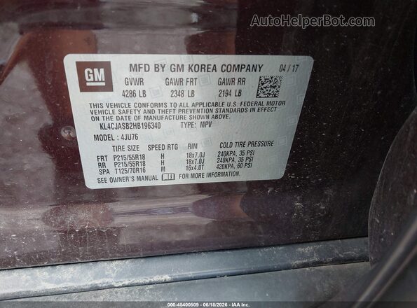 KL4CJASB2HB196340 2017 BUICK ENCORE Purple Engine compartment view