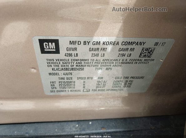 KL4CJASB2JB524250 2018 BUICK ENCORE Brown Շարժիչի բաժամունքի տեսք