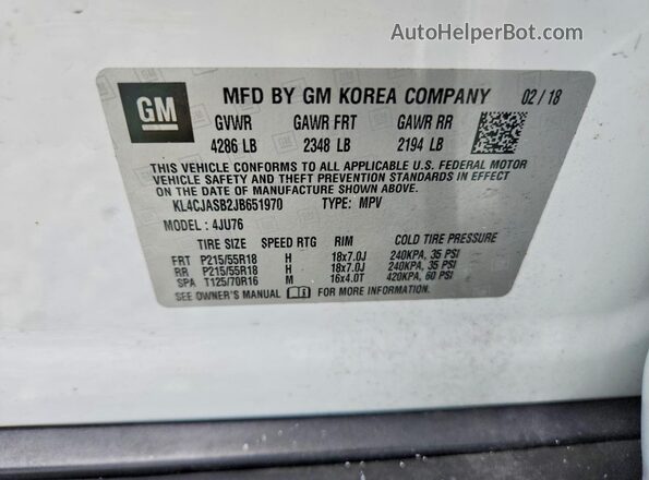 KL4CJASB2JB651970 2018 BUICK ENCORE White Vista de la etiqueta del VIN