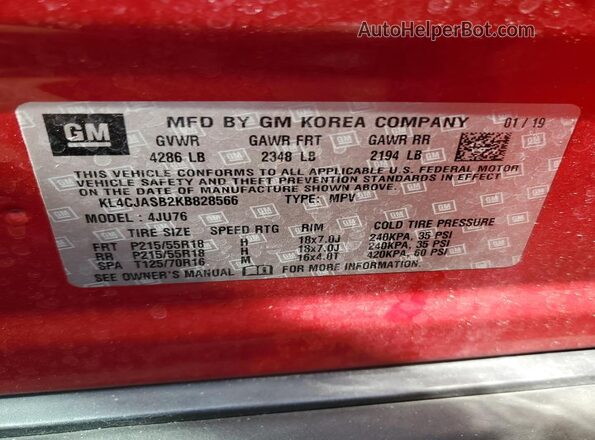 KL4CJASB2KB828566 2019 BUICK ENCORE Red VIN sticker view
