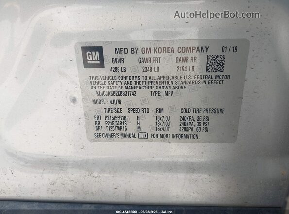 KL4CJASB2KB831743 2019 BUICK ENCORE Silver Vista del compartimento del motor