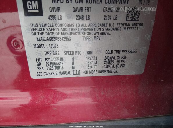 KL4CJASB2KB842953 2019 BUICK ENCORE Red Engine compartment view