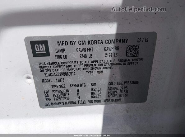 KL4CJASB2KB860014 2019 BUICK ENCORE Белый Вид подкапотного пространства