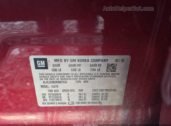 KL4CJASB2KB887634 2019 BUICK ENCORE Red ძრავის განყოფილების ხედი