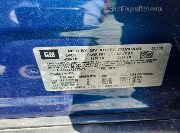 KL4CJASB2KB932474 2019 BUICK ENCORE Blue VIN კოდის სტიკერის ხედი