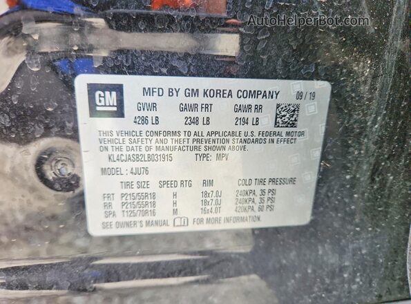 KL4CJASB2LB031915 2020 BUICK ENCORE Black Widok naklejki z numerem VIN