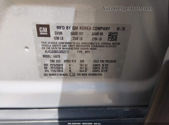 KL4CJASB2LB352272 2020 BUICK ENCORE Silver Engine compartment view