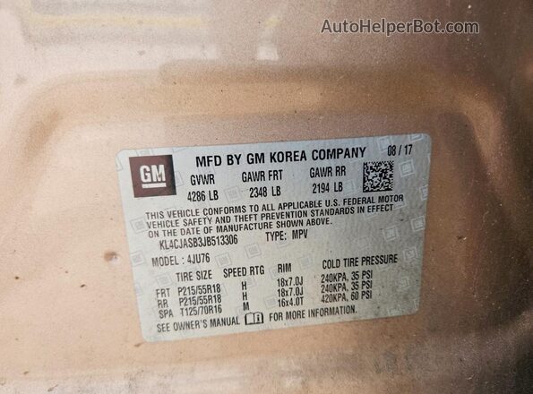 KL4CJASB3JB513306 2018 BUICK ENCORE Beige Vista de la etiqueta del VIN