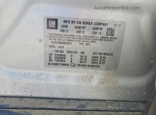 KL4CJASB3JB558875 2018 BUICK ENCORE Silver Widok naklejki z numerem VIN