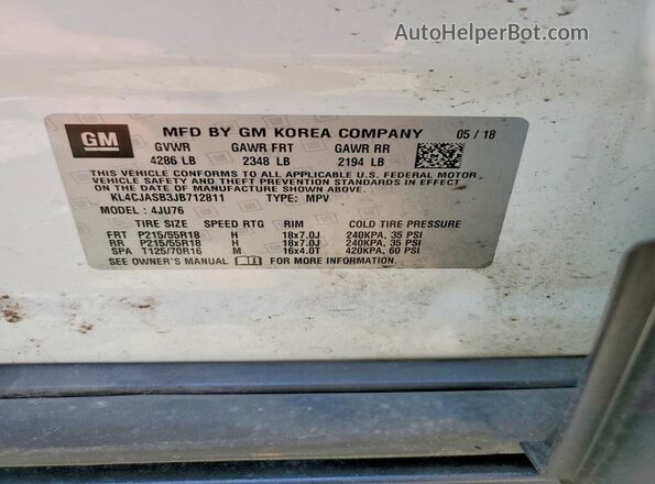 KL4CJASB3JB712811 2018 BUICK ENCORE White VIN կոդի պիտակի տեսք