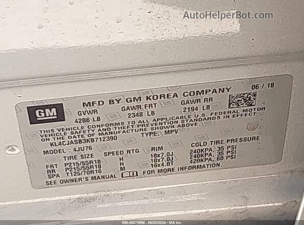 KL4CJASB3KB712390 2019 BUICK ENCORE Silver Engine compartment view