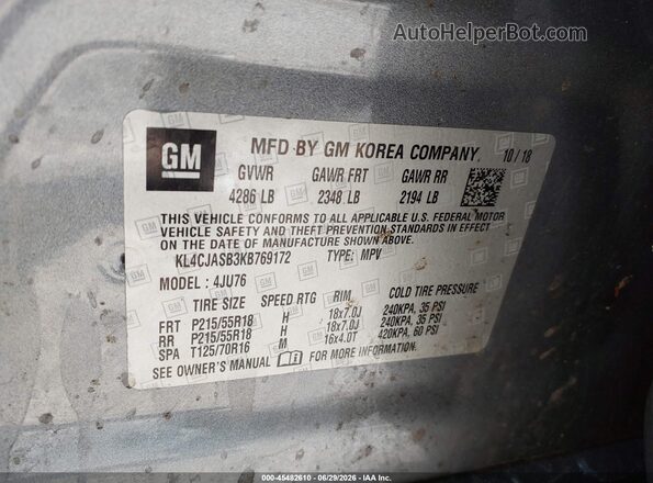 KL4CJASB3KB769172 2019 BUICK ENCORE Gray Вид підкапотного простору