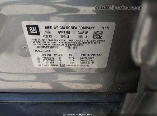 KL4CJASB3KB789373 2019 BUICK ENCORE Серый Вид подкапотного пространства