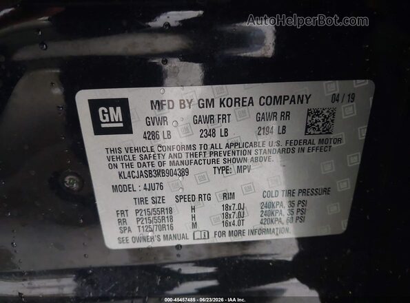 KL4CJASB3KB904389 2019 BUICK ENCORE Black Շարժիչի բաժամունքի տեսք