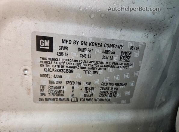 KL4CJASB3KB935609 2019 BUICK ENCORE Silver VIN კოდის სტიკერის ხედი