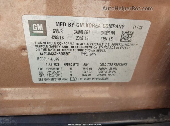 KL4CJASB4HB068567 2017 BUICK ENCORE Brown Շարժիչի բաժամունքի տեսք