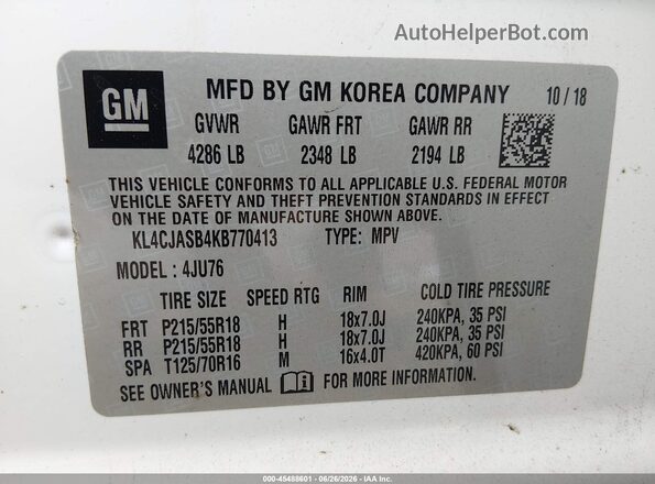 KL4CJASB4KB770413 2019 BUICK ENCORE Белый Вид подкапотного пространства