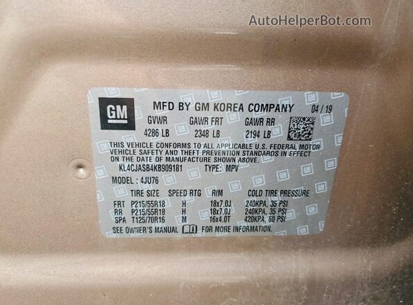 KL4CJASB4KB909181 2019 BUICK ENCORE Gold Вид наклейки з VIN-кодом