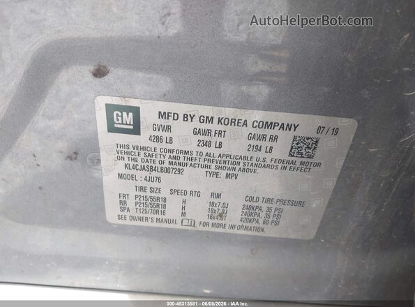 KL4CJASB4LB007292 2020 BUICK ENCORE Gray Engine compartment view