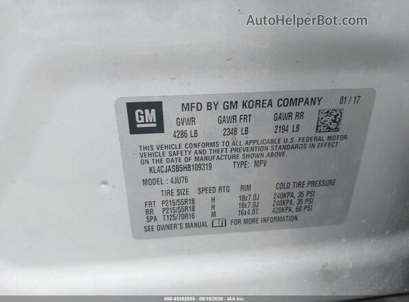KL4CJASB5HB109319 2017 BUICK ENCORE Silver Вид підкапотного простору
