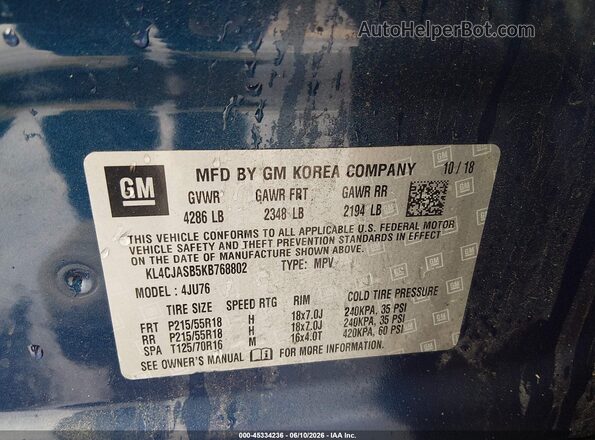 KL4CJASB5KB768802 2019 BUICK ENCORE Blue Շարժիչի բաժամունքի տեսք