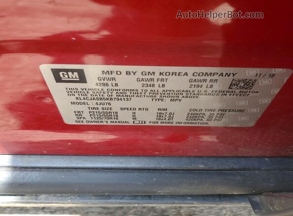 KL4CJASB5KB794137 2019 BUICK ENCORE Red VIN sticker view