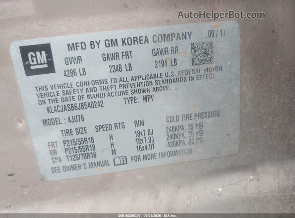 KL4CJASB6JB540242 2018 BUICK ENCORE Beige Engine compartment view