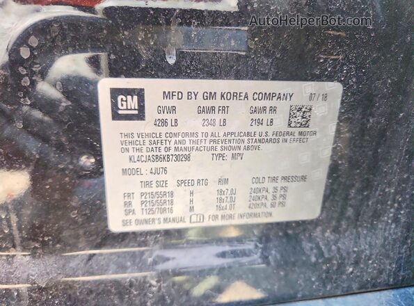 KL4CJASB6KB730298 2019 BUICK ENCORE Черный Вид наклейки с VIN-кодом