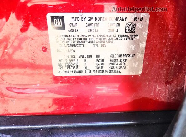 KL4CJASB6KB922675 2019 BUICK ENCORE Red VIN կոդի պիտակի տեսք