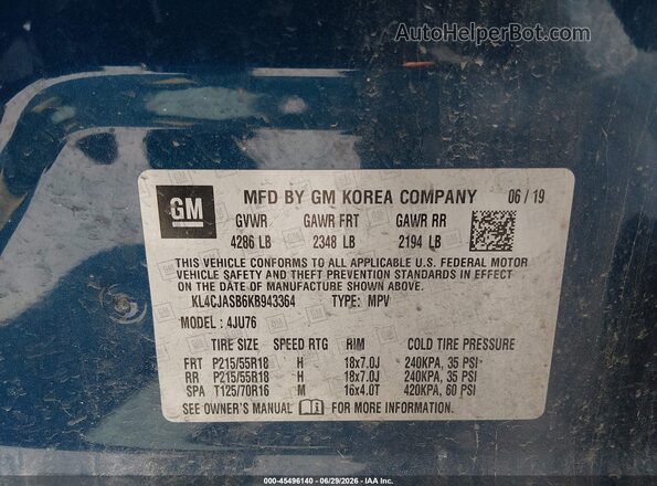 KL4CJASB6KB943364 2019 BUICK ENCORE Blue Engine compartment view