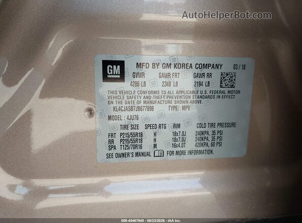 KL4CJASB7JB677898 2018 BUICK ENCORE Brown ძრავის განყოფილების ხედი