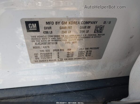 KL4CJASB7JB710138 2018 BUICK ENCORE White Вид підкапотного простору