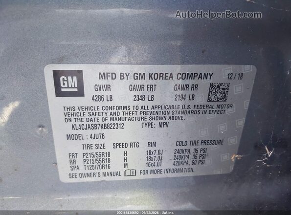 KL4CJASB7KB822312 2019 BUICK ENCORE Gray Շարժիչի բաժամունքի տեսք