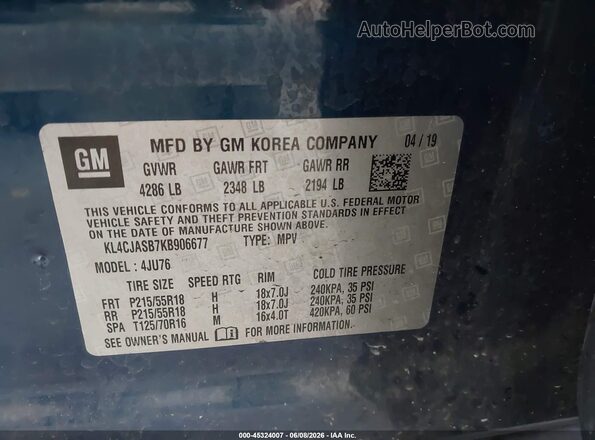KL4CJASB7KB906677 2019 BUICK ENCORE Blue ძრავის განყოფილების ხედი