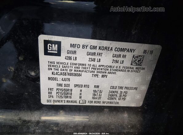 KL4CJASB7KB936584 2019 BUICK ENCORE Черный Вид подкапотного пространства