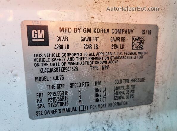 KL4CJASB7KB941526 2019 BUICK ENCORE White Панорамний вид салону 360°
