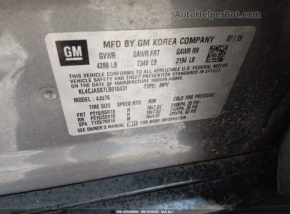 KL4CJASB7LB010431 2020 BUICK ENCORE Gray Engine compartment view