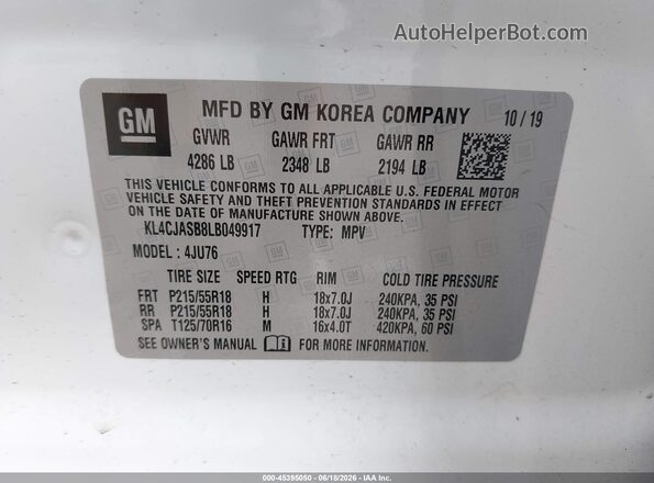 KL4CJASB8LB049917 2020 BUICK ENCORE White ძრავის განყოფილების ხედი